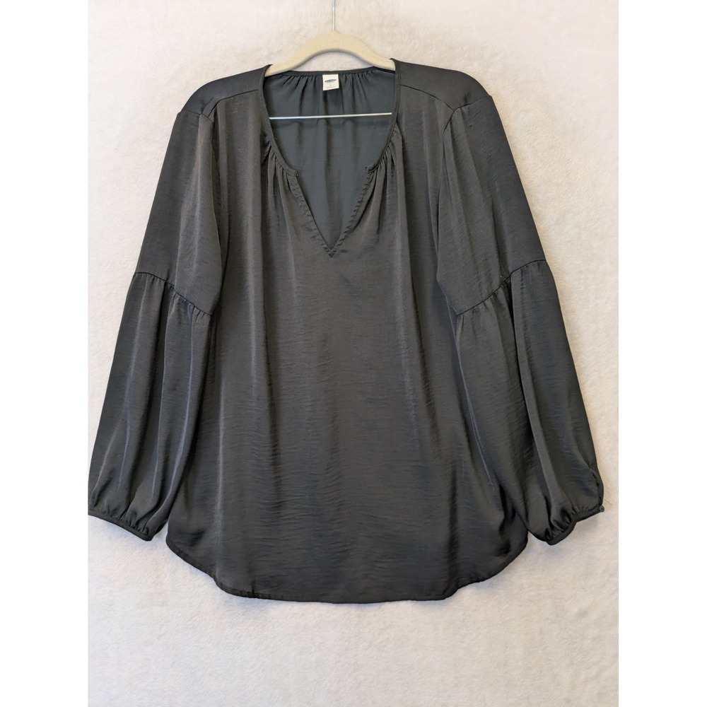 Old Navy Blouse Women's L Black Satin V-Neck Balloon Sleeve Tunic‎ Top